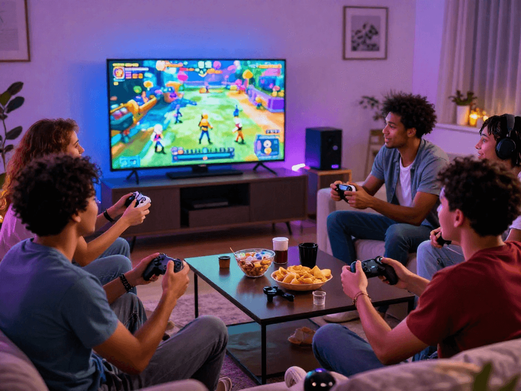 Friends playing a captivating porno game together, enjoying snacks in a cozy gaming environment.