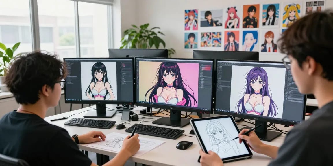 Artist creating ai ecchi artwork in a vibrant digital studio filled with monitors and anime prints.