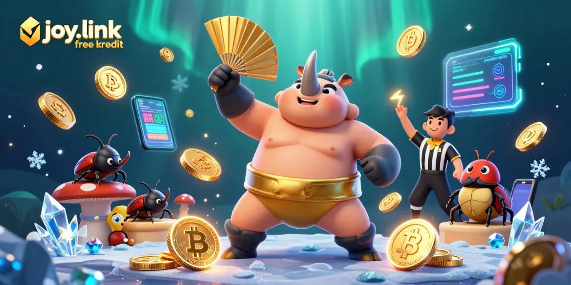 Join the excitement of joy.link free kredit with a thrilling 3D casino scene featuring dynamic characters and glowing crypto elements.
