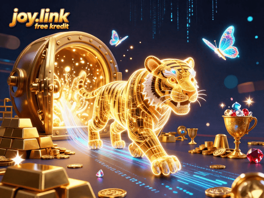 Win at joy.link free kredit with a dazzling 3D casino scene showcasing a neon tiger and treasures.