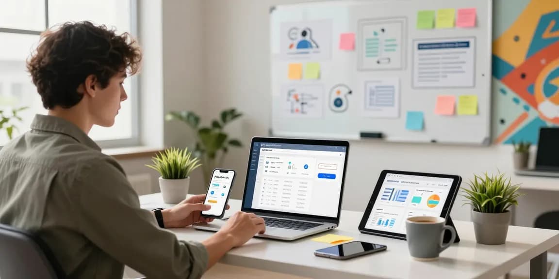 Ruang kerja digital marketing modern dengan perangkat dan papan brainstorming, menampilkan GEGESLOT.
