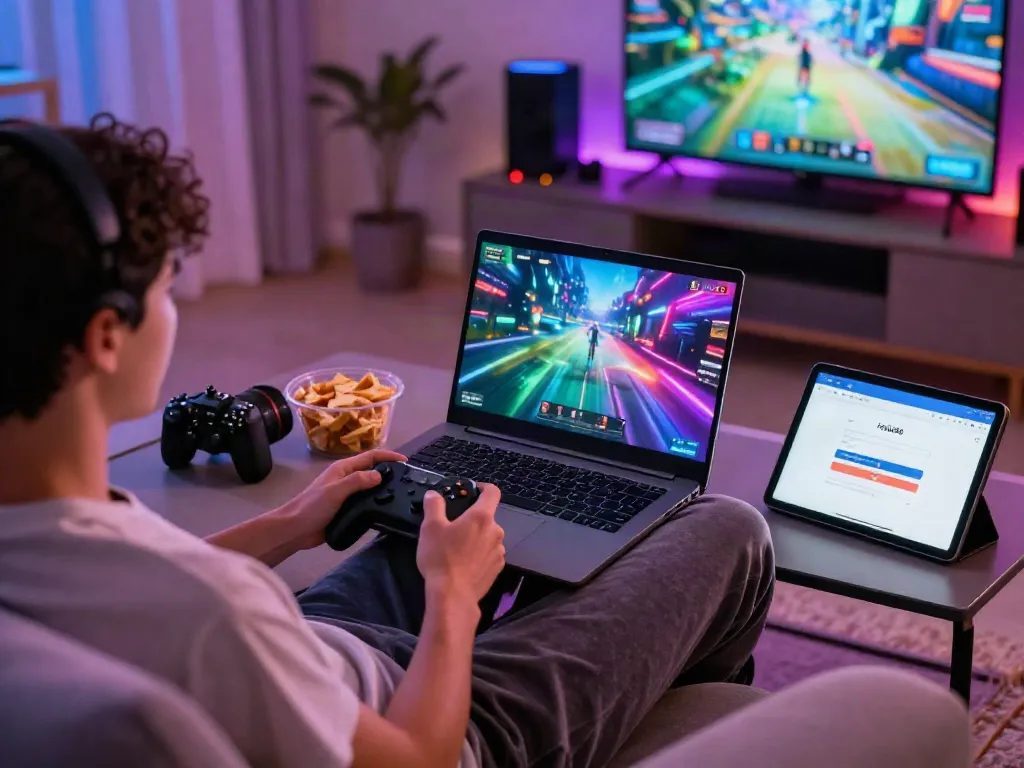 Relaxed gamer using rokok88 login to access an online game in a cozy living room setting.