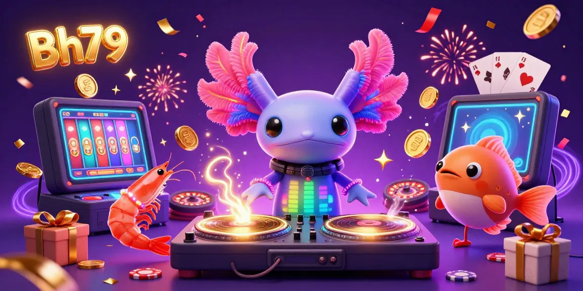Engage with Bh79's vibrant casino scene featuring a DJ axolotl, shrimp dancers, and dynamic slot games.