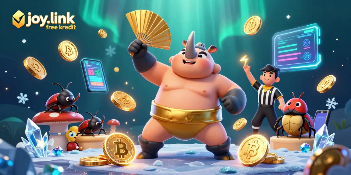 Join the excitement of joy.link free kredit with a thrilling 3D casino scene featuring dynamic characters and glowing crypto elements.
