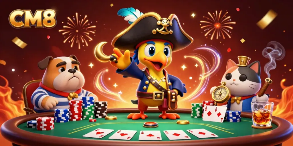Engage in thrilling poker action with CM8 as a pirate captain, vibrant chips and cards surround
