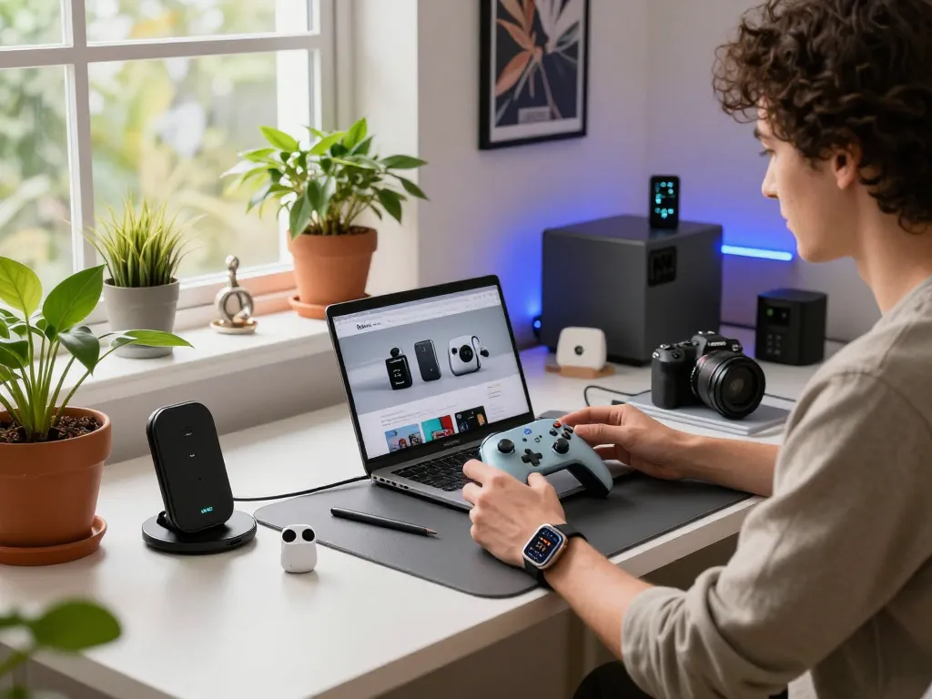 Engaging with cool tech gadgets under $157 in a modern workspace with Bluetooth devices.