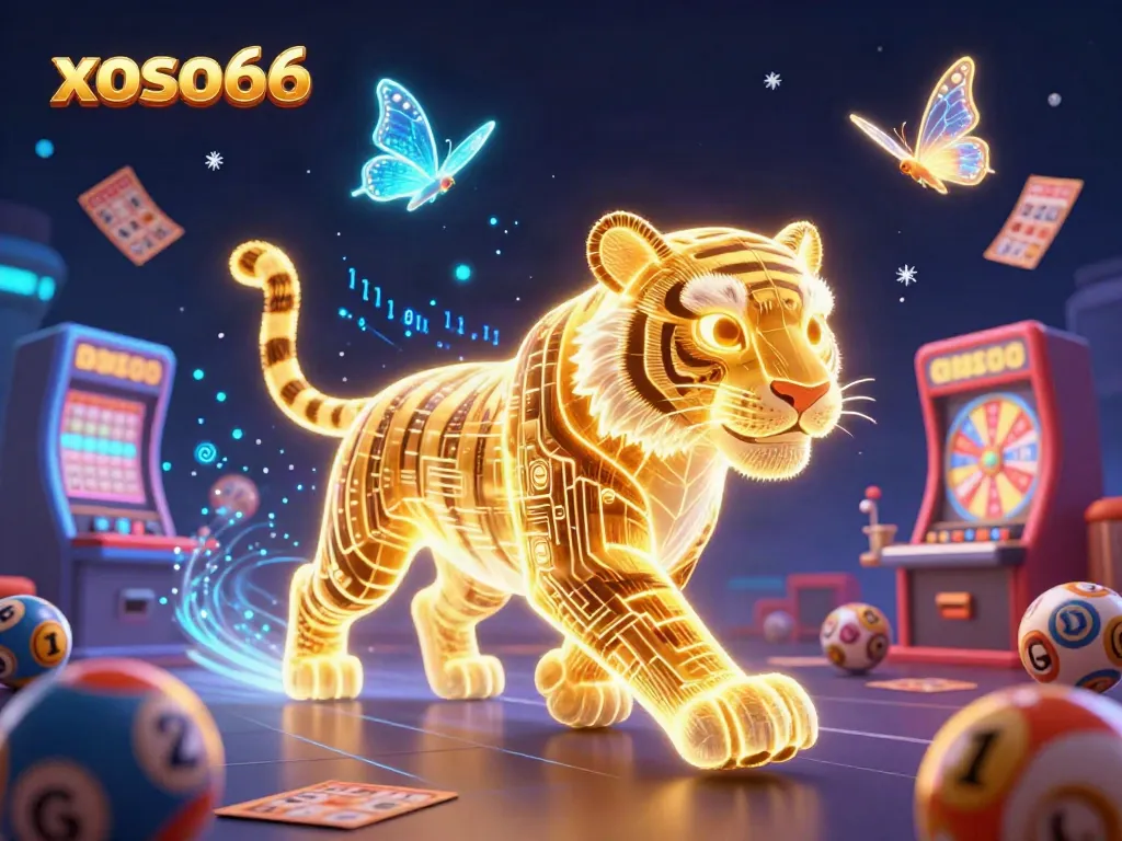 Experience the thrilling vibe of xoso66 as a golden tiger navigates a colorful digital lottery landscape.