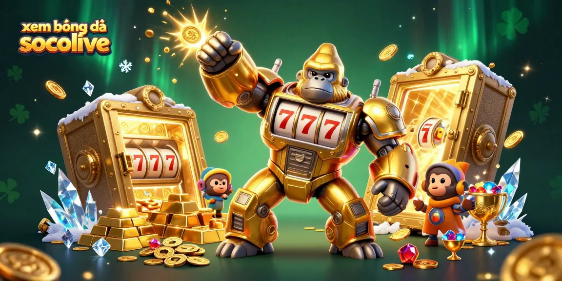 Experience xem bóng đá socolive with a dynamic golden gorilla mech smashing through treasure amidst spinning slot reels.