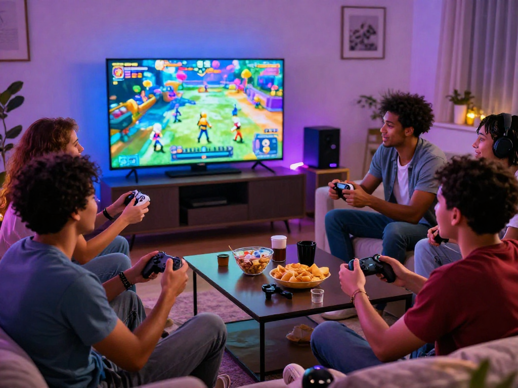 Friends playing a captivating porno game together, enjoying snacks in a cozy gaming environment.