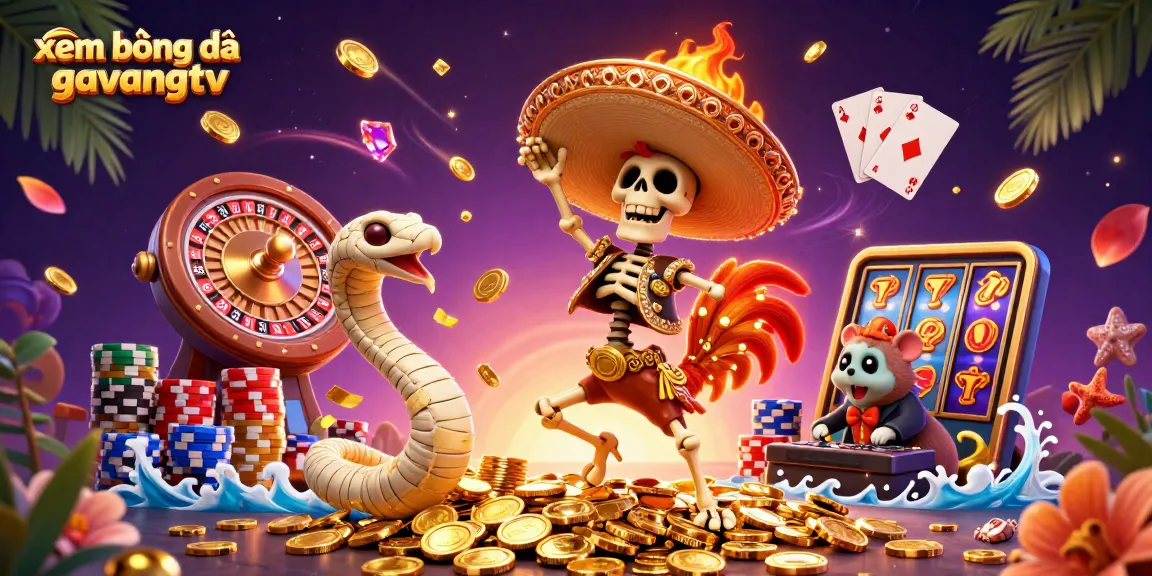 xem bóng đá gavangtv with a lively skeleton mariachi, mummy snake, and DJ hamster in a vibrant casino scene.