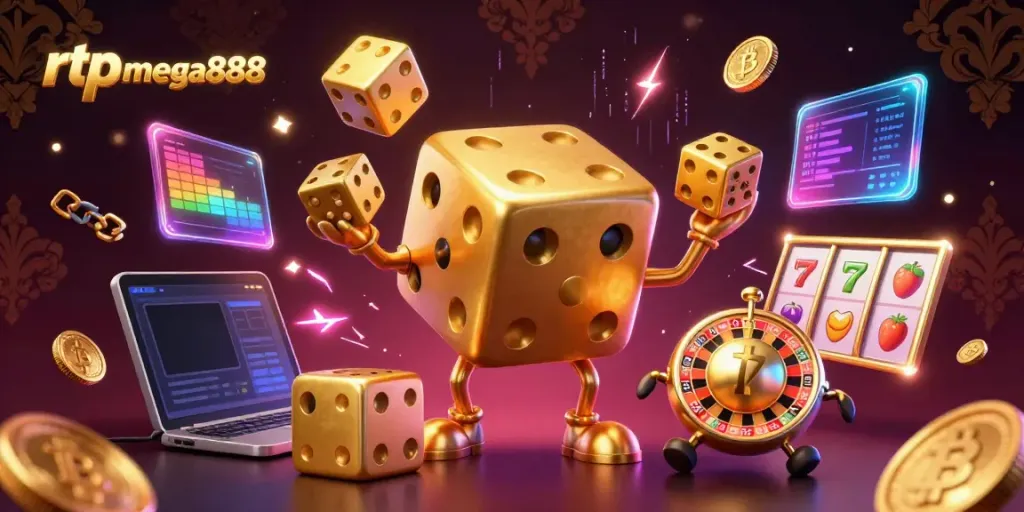 Engage with the vibrant rtp mega888 scene showcasing a dynamic golden dice golem juggling dice amid crypto elements.