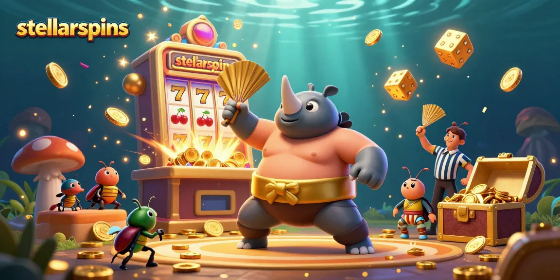Experience stellarspins with a sumo beetle champion amidst a jackpot explosion and casino excitement.