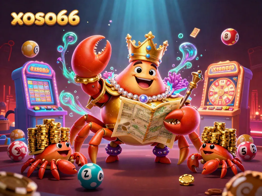Xoso66 players enjoy a vibrant and colorful lottery atmosphere with a golden crab emperor and prizes bursting with excitement.