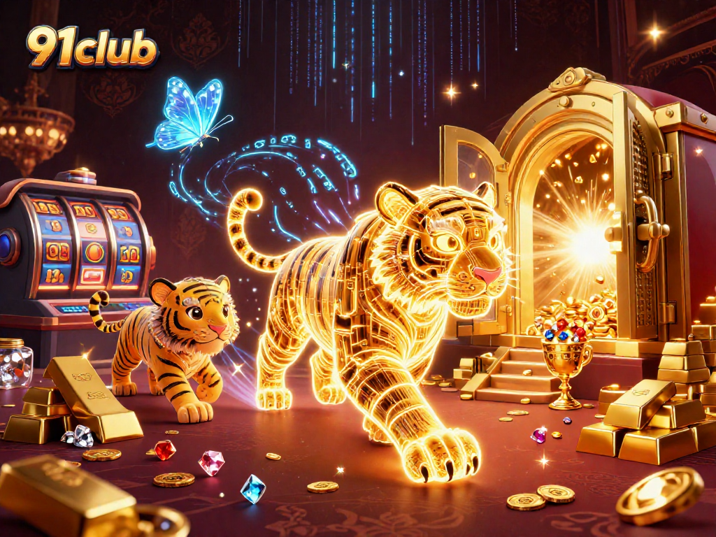 Win big with colorful gameplay at 91club, featuring a neon tiger and dazzling casino treasures.