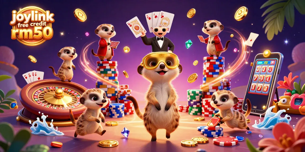 Experience joylink free credit rm50 with a vibrant meerkat casino in 3D illustration, showcasing dynamic gambling action.
