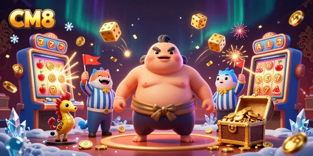 Spin to win with CM8 in a vibrant underwater casino, featuring exciting 3D jackpot elements.