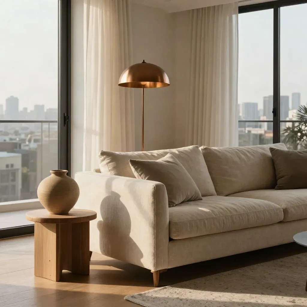 Ruang tamu apartmen sewa tinggi dengan sofa, lampu lantai, pasu seramik dan balkoni terbuka.