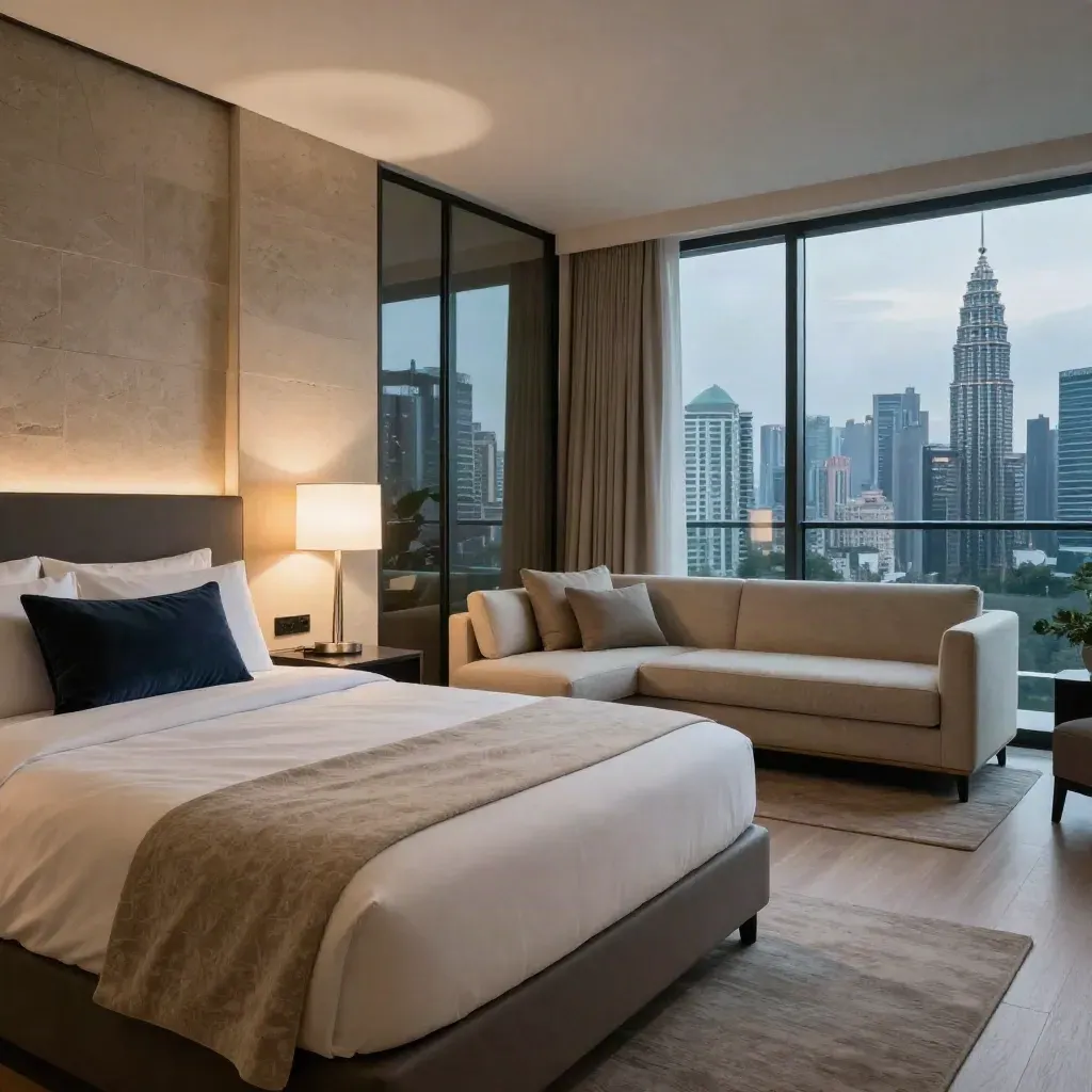 Interior unit sewa Mont Kiara siap, katil berlapis, lampu lantai, sofa dan pantulan skyline.