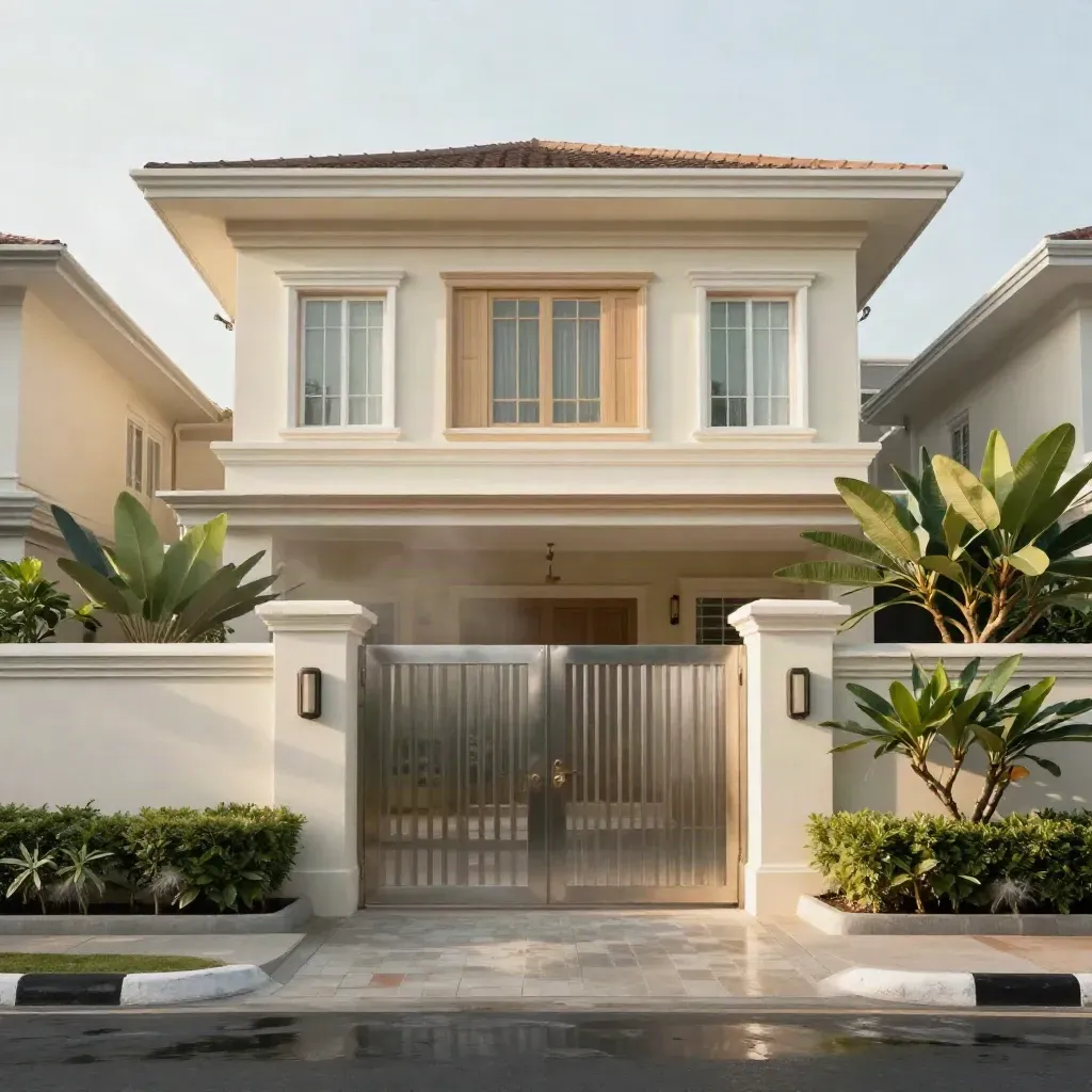 Fasad rumah teres moden Shah Alam dengan taman kemas dan kabus pagi lembut