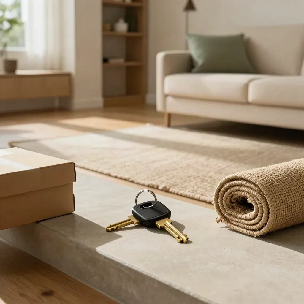 Kunci apartmen, sofa kecil, kotak parcel dan permaidani bergulung dalam ruang moden.