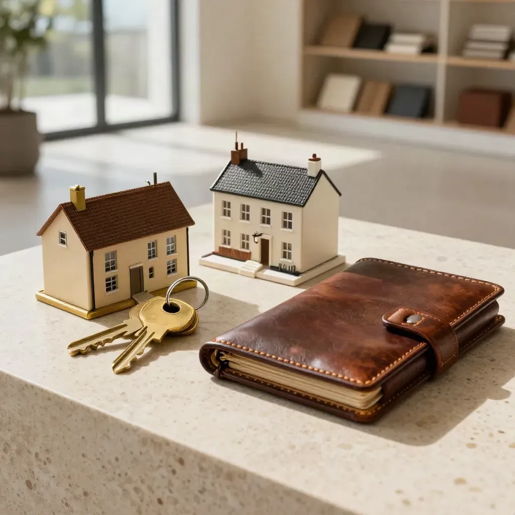 Alat hartanah mewah di atas travertin: kunci gangsa, model rumah teres dan portfolio kulit.