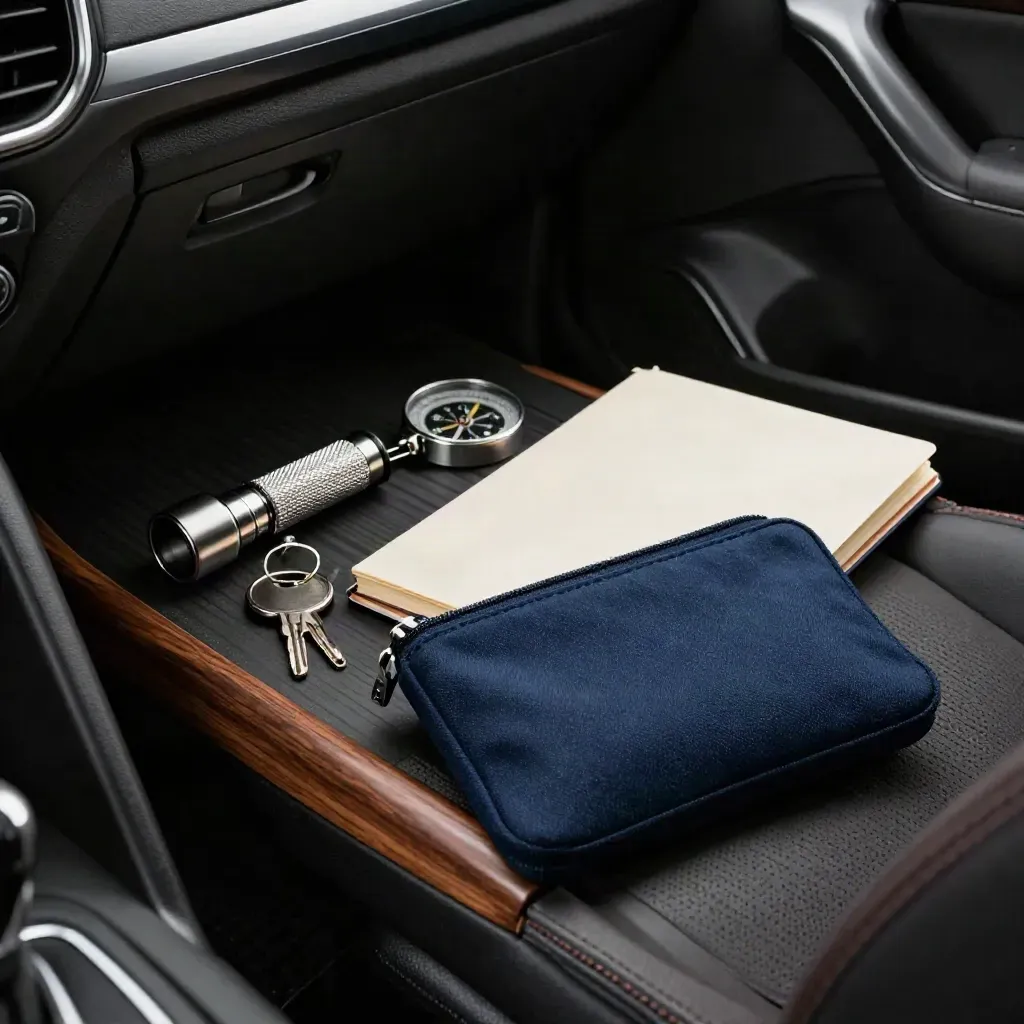 Kit lawatan pembeli dengan torch, kompas, cincin kunci dan buku nota di ruang but kereta.