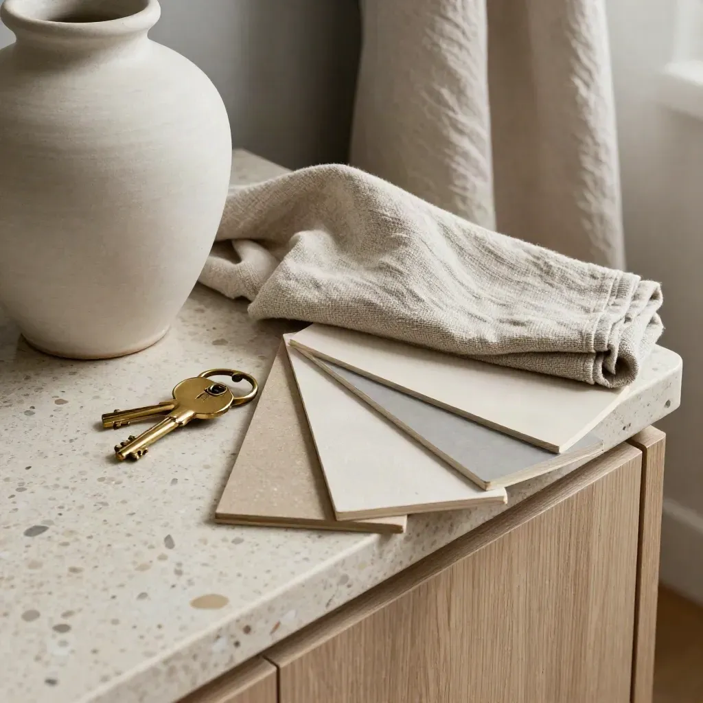 Vas seramik, selimut linen, kunci dan sampel kemasan neutral di atas travertine.
