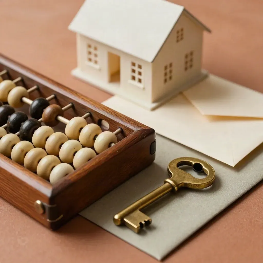 Susun atur abacus, model rumah, kunci gangsa dan sampul tertutup di permukaan tanah liat.