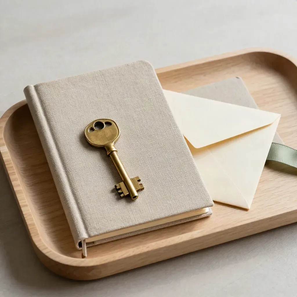 Buku linen, kunci gangsa dan sampul kosong dalam dulang di atas kayu cerah.