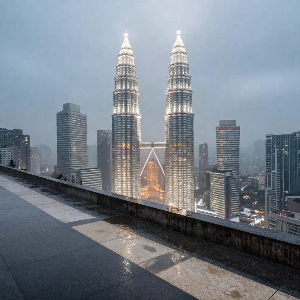 Pemandangan langit Kuala Lumpur waktu biru selepas hujan monsun, dari bumbung tinggi.