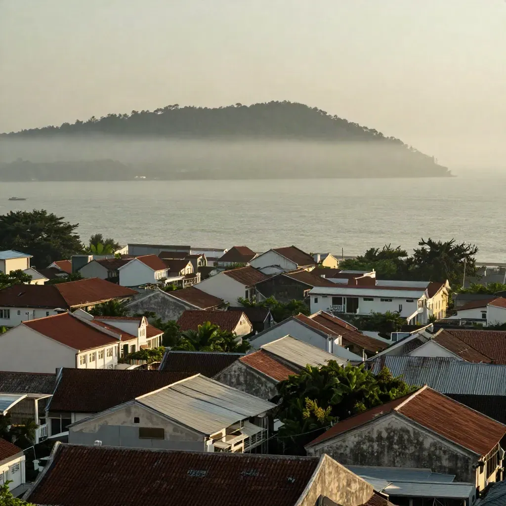 Pemandangan berkabus Pulau Pinang, bumbung George Town dan garis bukit di tepi laut.