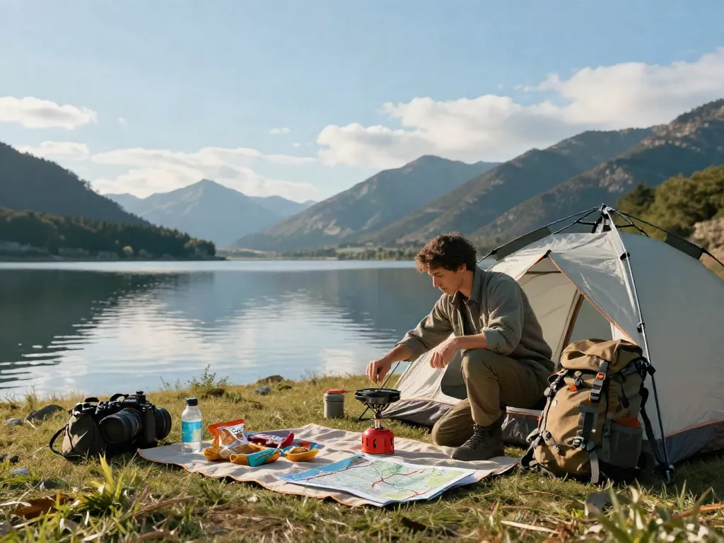 Rokok88 login adventure at a picturesque lakeside camp setup with gear.