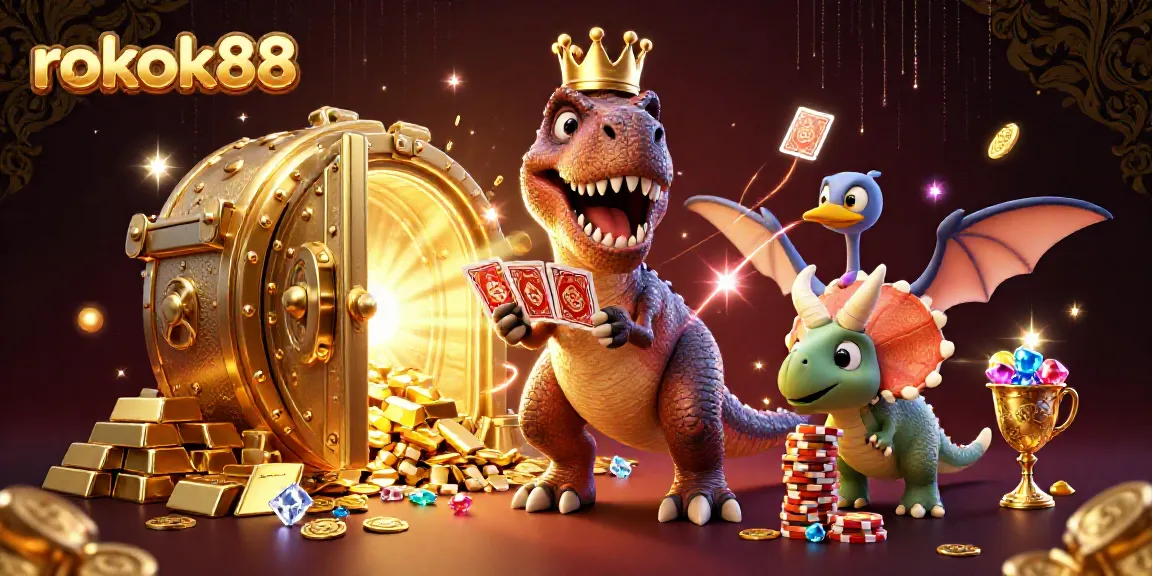 rokok88 menghadirkan T-Rex lucu beraksi di kasino dengan harta berkilau dan kartu judi.