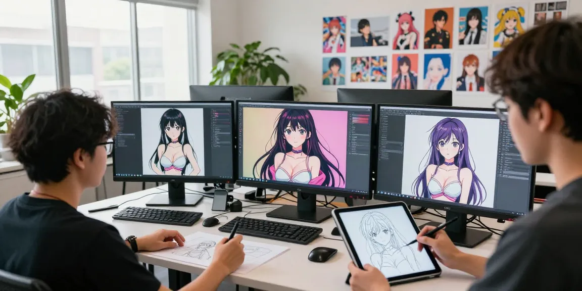 Artist creating ai ecchi artwork in a vibrant digital studio filled with monitors and anime prints.