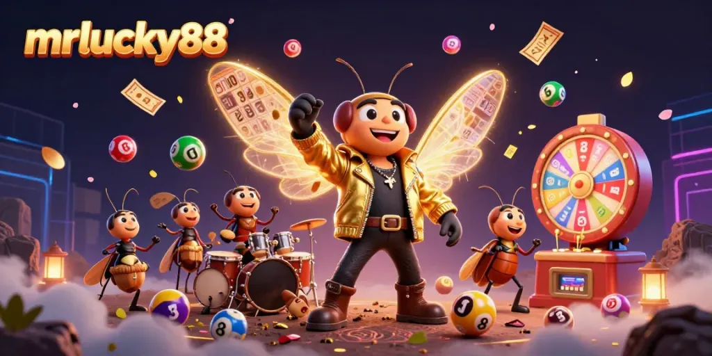 Join the excitement with mrlucky88 featuring a vibrant 3D casino scene with lottery elements and dynamic characters.