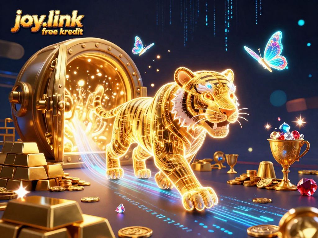 Win at joy.link free kredit with a dazzling 3D casino scene showcasing a neon tiger and treasures.