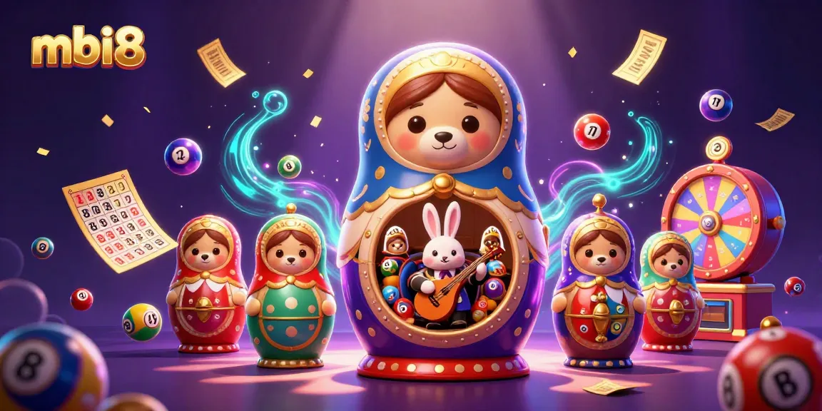 Join mbi8 for exciting gaming, featuring colorful lottery elements and dynamic casino characters.