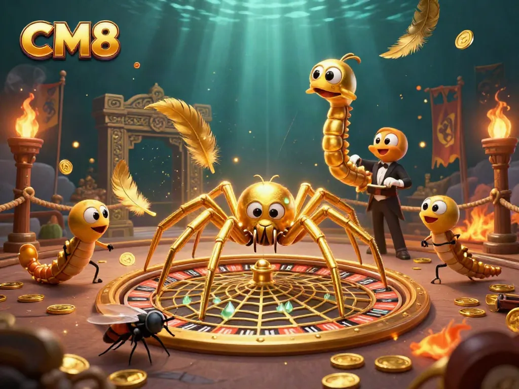 Experience the thrill at CM8, where a golden spider spins a roulette wheel in vibrant casino chaos.