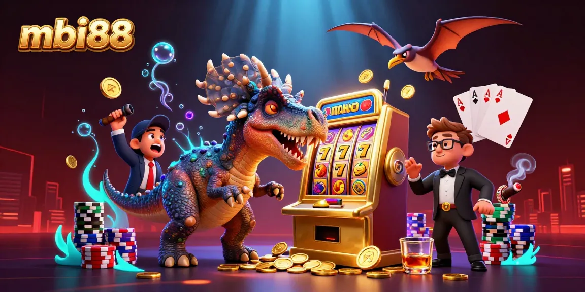 Experience the thrill at mbi88 as cartoon dinosaurs celebrate jackpot wins in a vibrant casino scene.