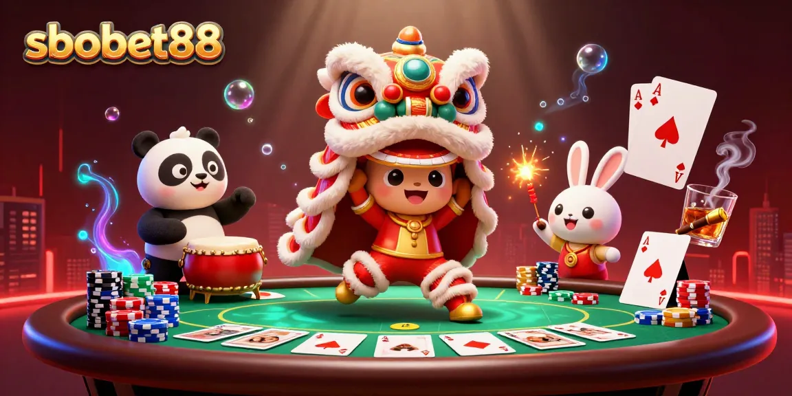 Experience sbobet88 excitement with a vibrant 3D illustration showcasing lively characters in a dynamic poker scene.