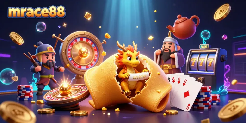Experience the thrill of mrace88 with animated characters guarding golden treasures amidst cascading coins and vibrant casino elements.