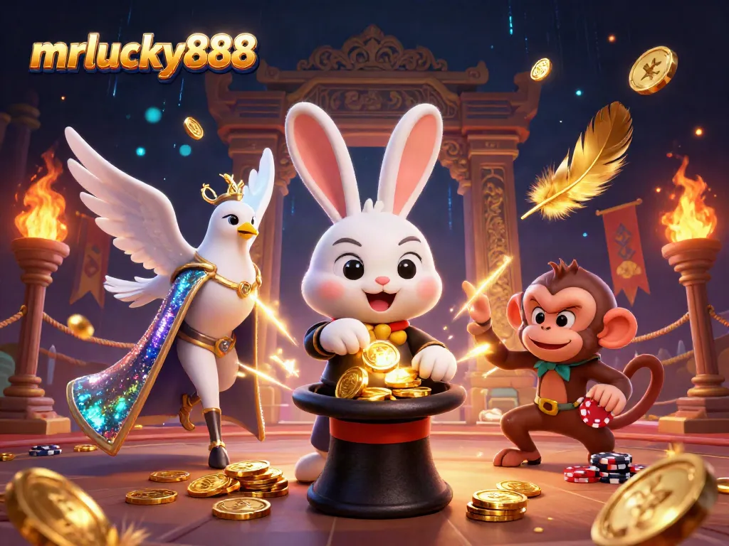 Experience mrlucky888 magic with a magician rabbit, dove, and monkey amid casino excitement.