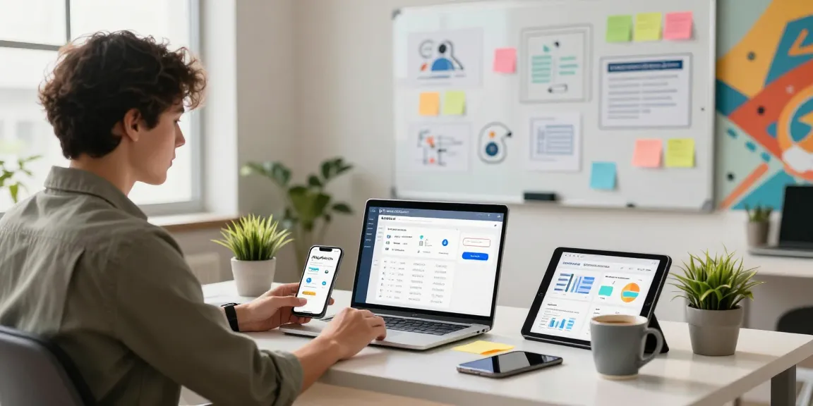 Ruang kerja digital marketing modern dengan perangkat dan papan brainstorming, menampilkan GEGESLOT.