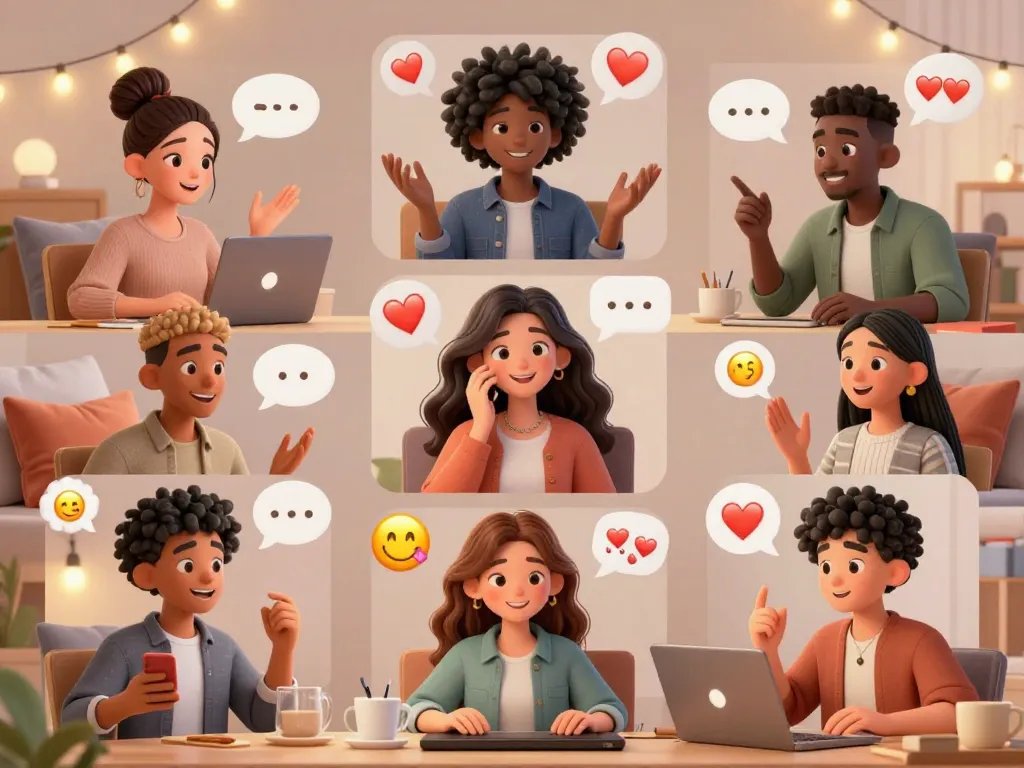 Engaging ai sex chat avatars sharing romantic conversations in a cozy digital space.