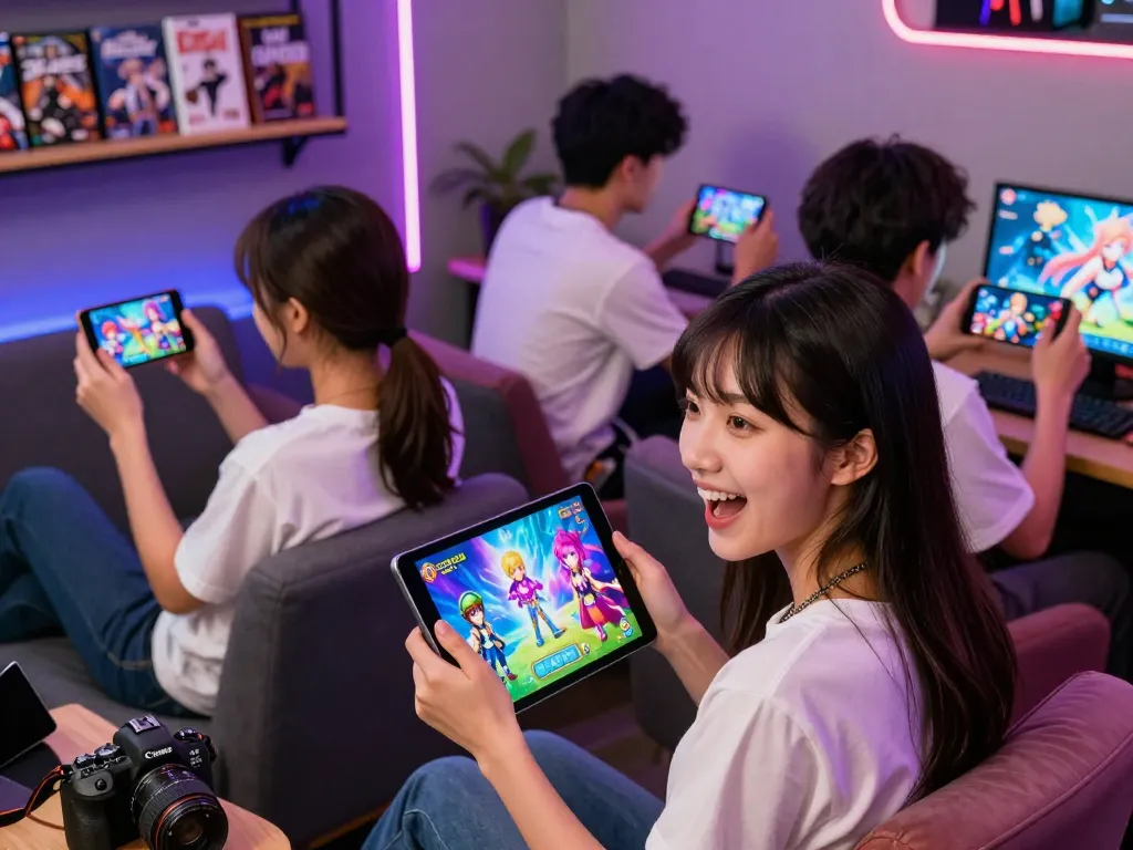 Exciting gaming scene with players enjoying a colorful porno game on their devices in a vibrant lounge.
