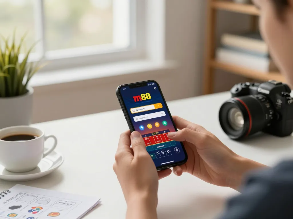 Use m88 casino login for exciting gameplay on mobile, with focused gamer placing bets on live game.