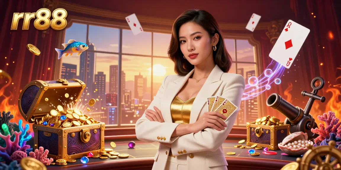 Experience thrilling action at rr88 as a powerful businesswoman holds winning cards in a vibrant casino setting.