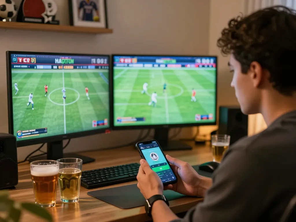 Engaged sports gambler analyzing a keo nha cai on multiple screens while tracking game updates.