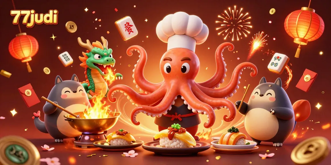 Experience the excitement of 77judi with a dynamic 3D casino scene featuring vibrant characters.