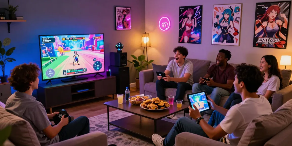 Group of adult gamers enjoying an ecchi simulator in a cozy living room setting with vibrant light.
